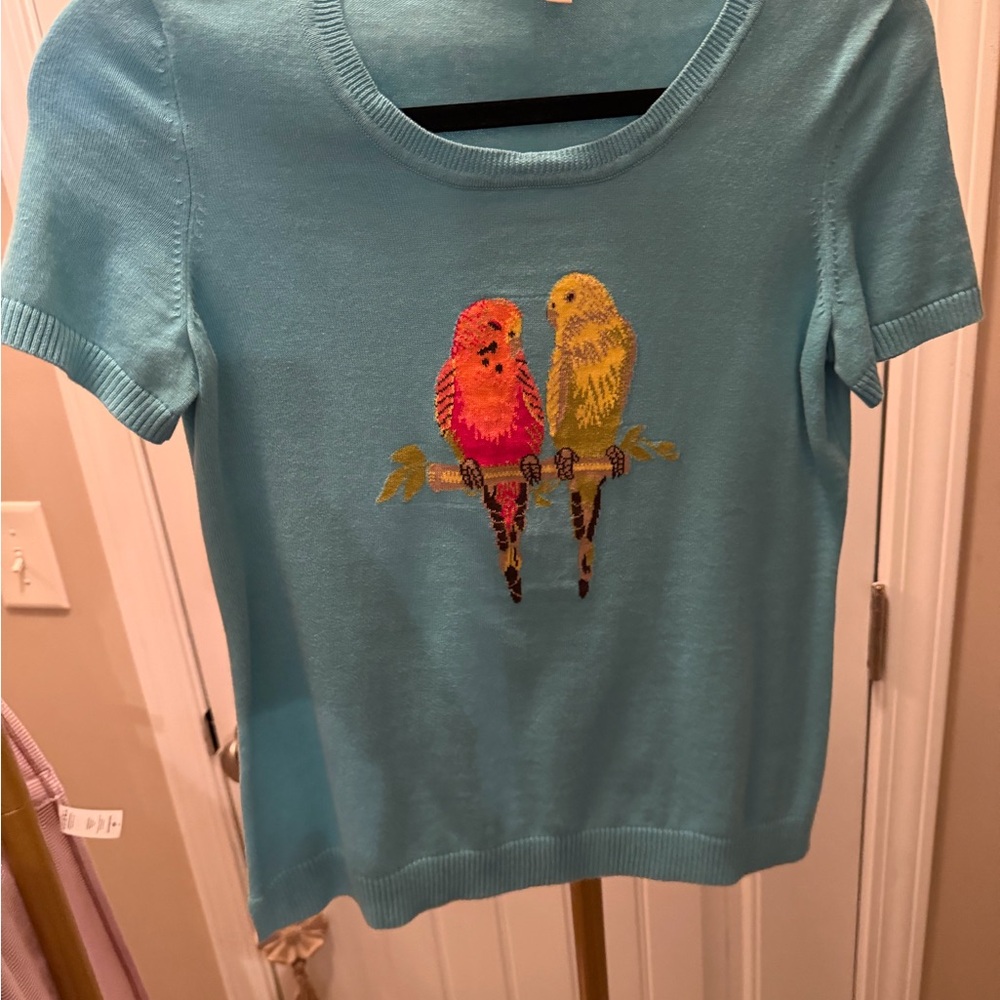 Talbots Teal Tee with Colorful Bird Embroidery